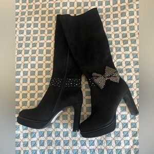 Impo Black Heeled Boots with Studded Bow